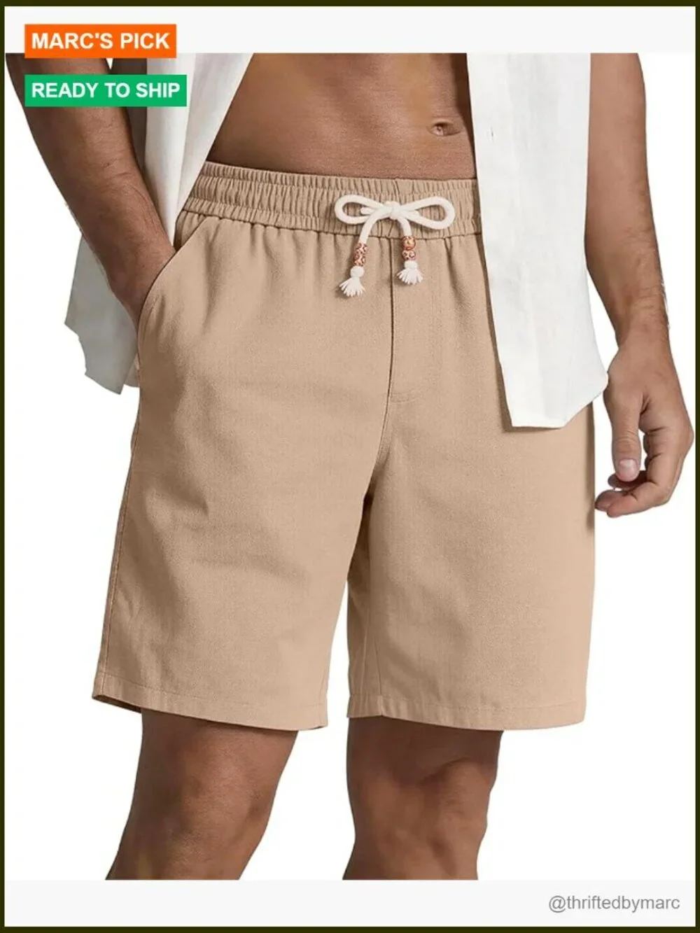 Men's Cotton Linen Shorts 7 Inch Drawstring Elastic Waist Casual Summer